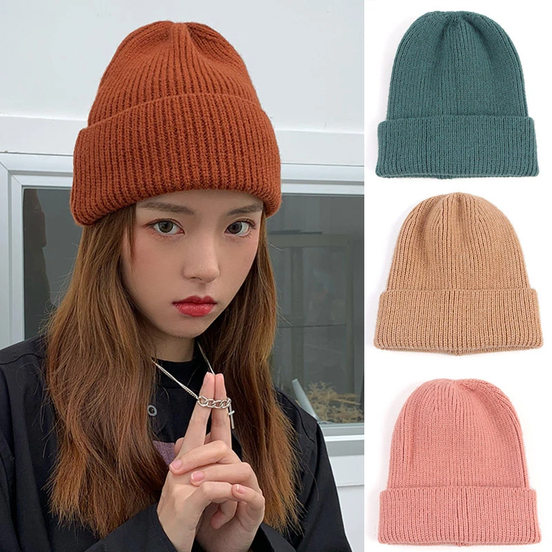 Thick Women‘s Knitted Hat Women Winter Cap Beanie 2021 Autumn Warm Solid Earflap Bonnet Femme Black White Pink Skullies Beanies winter beanie