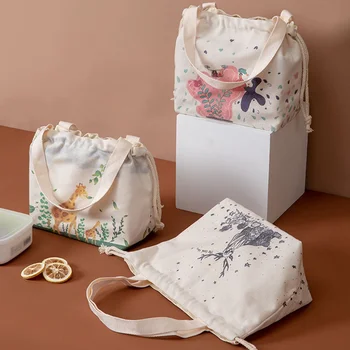 

Canvas Print Picnic Lunch Bag Portable Drawstring Waterproof Food Storage Handbag Cartoon Animal Girl Printed Lunch Bag Dropship