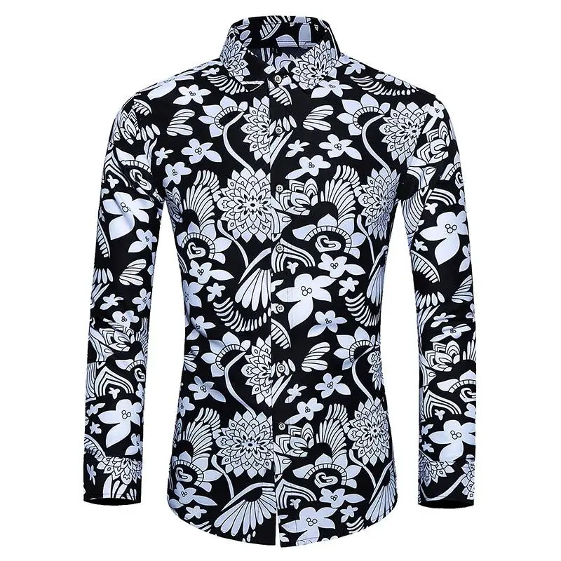 Блузка Мужская s платье рубашки Цветок Гавайская Повседневная рубашка мужская одежда Camisa social длинный рукав плюс размер белый черный