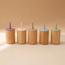 Gobelet à eau en bois de bambou pour bébé, 1 pièce, avec paille, sans BPA, tasse d'entraînement pour enfants, stockage Portable, conteneur de Snack, tasse d'alimentation