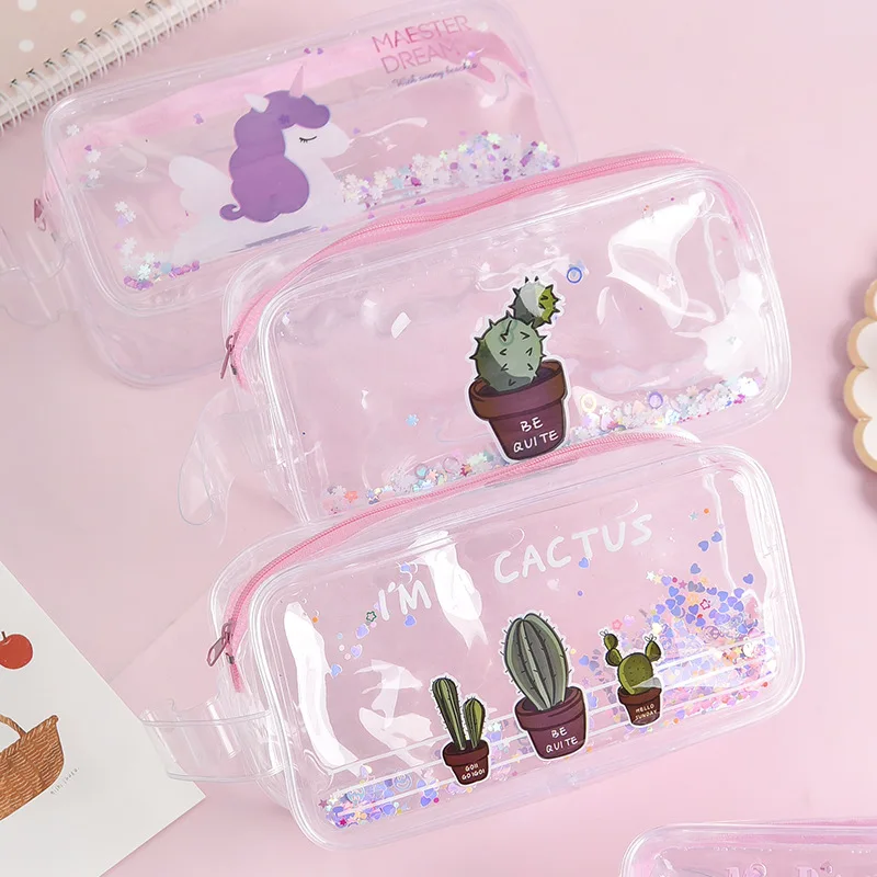 

Kawaii Quicksand Cactus Pencil Case High Capacity Pencil Bag Transparent Glitter Pencilcase for Girls Pen Box School Supplies