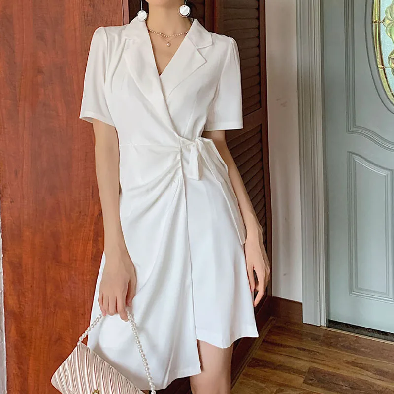 Elegant Notched Collar Office Ladies Dress Solid Lace up Slim Blazer Summer Short Sleeve Women Casual Black | Женская одежда