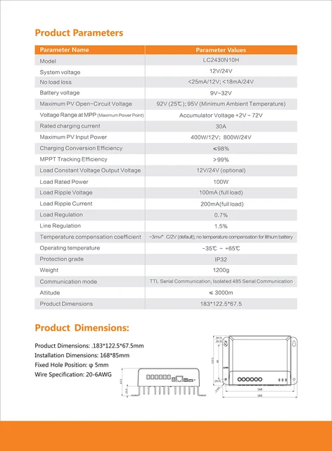 Srne-ソーラーパネル用mppt充電コントローラー,安定化出力12v/24v,30a,ceおよびrohs認定,lc2430n10h  AliExpress