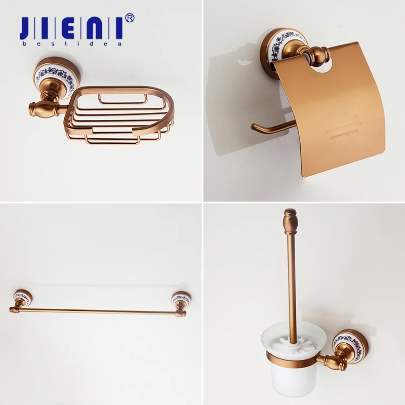 

JIENI Rose Golden Bathroom Hardware Set Accessories Golden Nickel Shelf Paper Holder Coat Hook Towel Rack Classical Ceramic Base