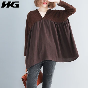 

HG Patchwork Plus Size Pullover Women Loose Fashion Simple Casual All Match V Neck 2020 New Autumn Elegant Women Clothes ZP2392
