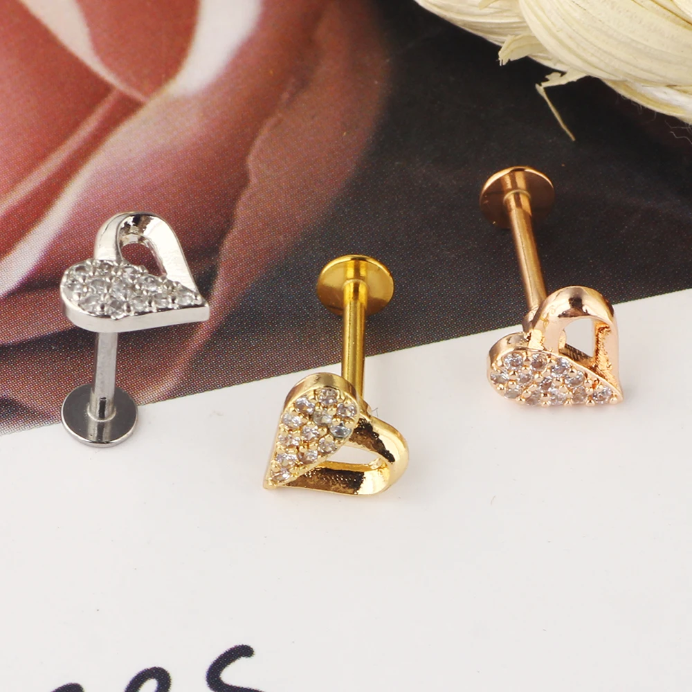 JUNLOWPY Zircon Lip Labret Stud Lip Ring Cartilage Piercing Earrings Tragus Daith Ear Stud Body Piercing Jewelry Heart