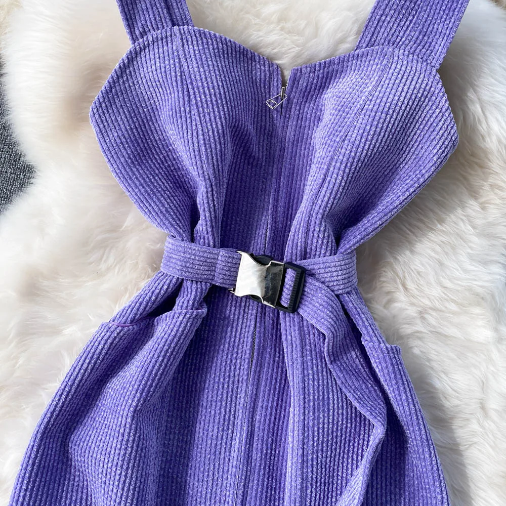Retro Corduroy Strap Sleeveless Zipper Dress 