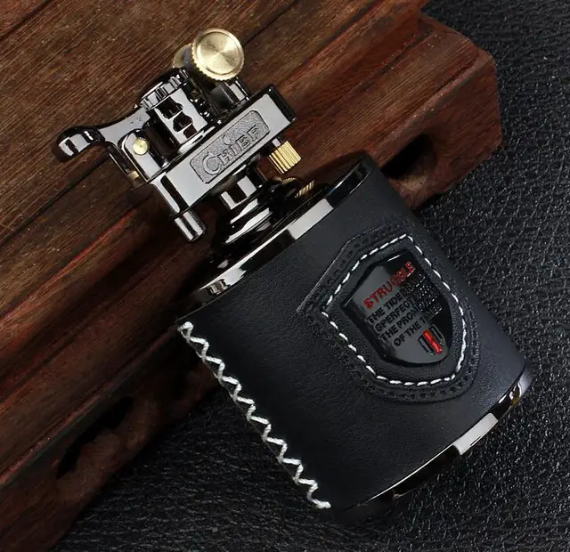 Big Size Metal With Leather Gasoline Cigarette Lighter Grinding Wheel Metal lighter Inflatable Tobacco Kerosene Carving Lighter color4