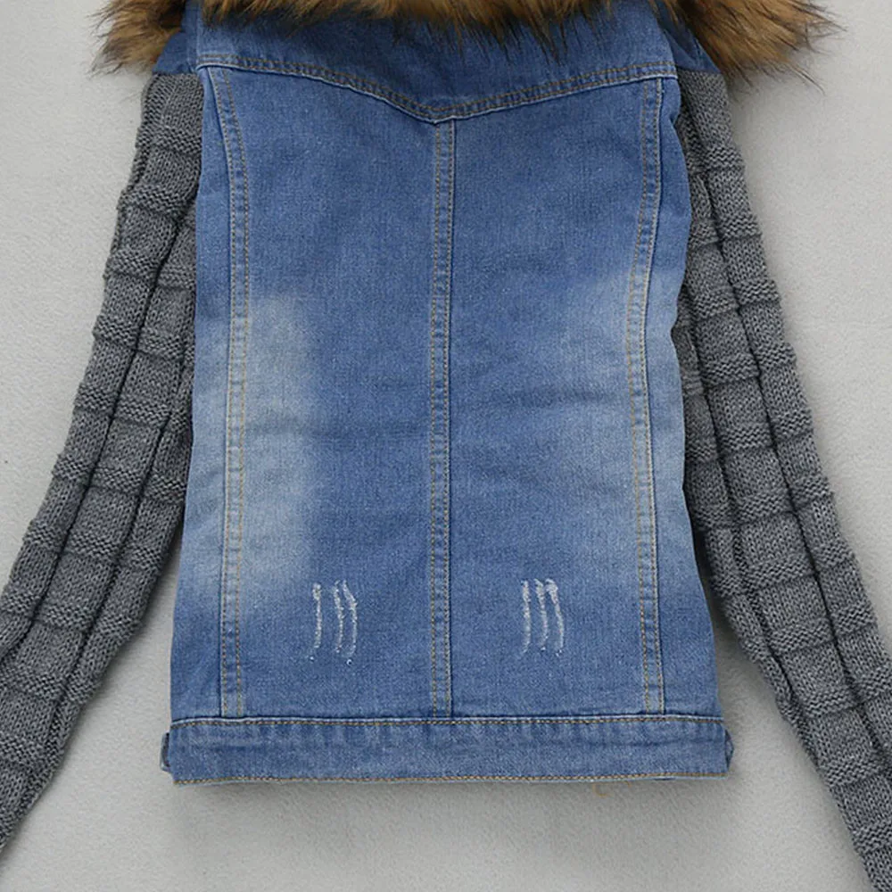 Promo  Womens Jackets And Coats 2019 Winter Warm Jeans Button Knit Sleeve Cowboy Denim Jacket Pockets Jack