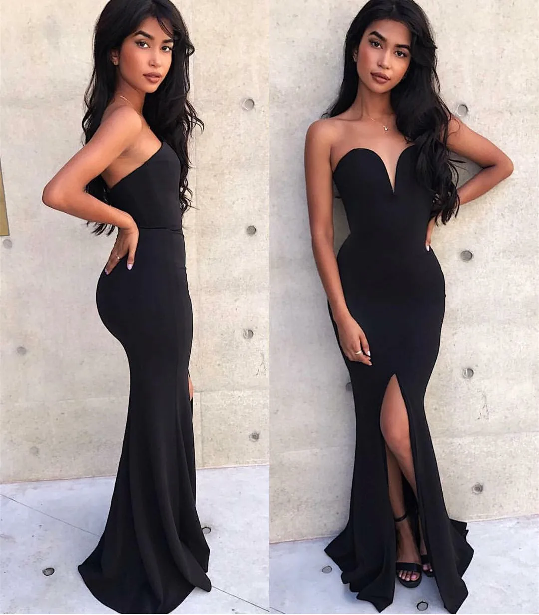 

Long Black V-Neck Satin Prom Dresses with Slit Mermaid Criss Cross Back Floor Length Abendkleider Robes de Soirée for Women