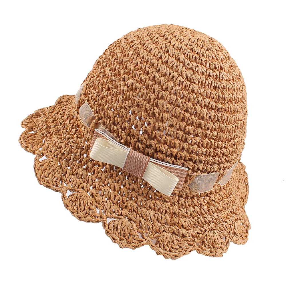 

Bow Baby Girl Straw Sun Hat Summer Cap Net Yarn Belt Mesh Breathable Hat for Princess Soft Bucket Hats with Chinstrap Stay On