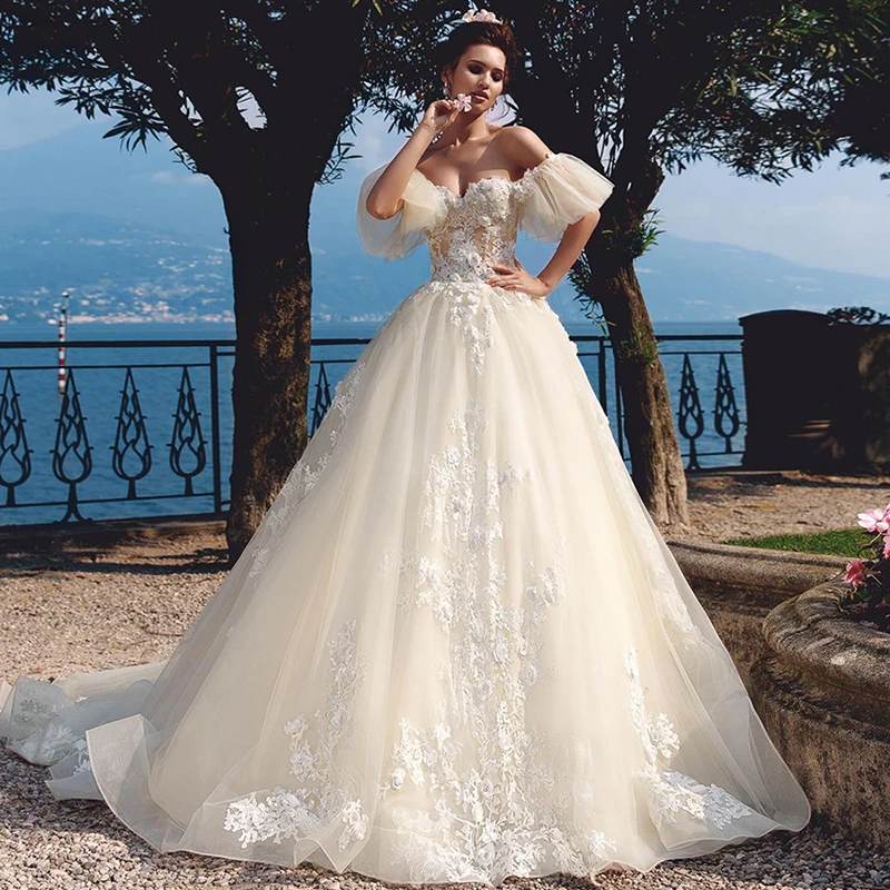 

Eightree off Shoulder Wedding Dress vestido de novia Lace Appliques Ball Gown Backless Chapel Train Wedding Gowns Robe de mariee