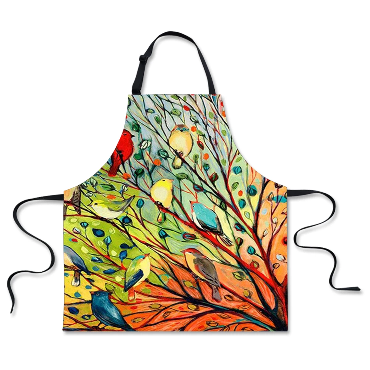 Kitchen Apron Unisex Cute Oil Painting Bird Printed Sleeveless Aprons for Men Women Baking Waist Bib Home Cleaning Tool 65*72cm