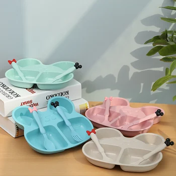 

Wheat Straw Children Cartoon Tableware Set Baby Dinner Plate Feeding Dishes Toddler Training Bowl Spoon Fork for Kids With Box