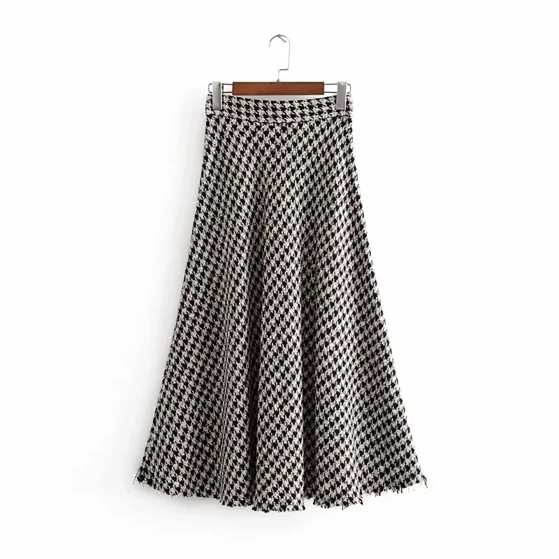 Tweed women elegant long skirts winter ladies fashion Houndstooth plaid skirt female falda jupe femme girls chic clothes