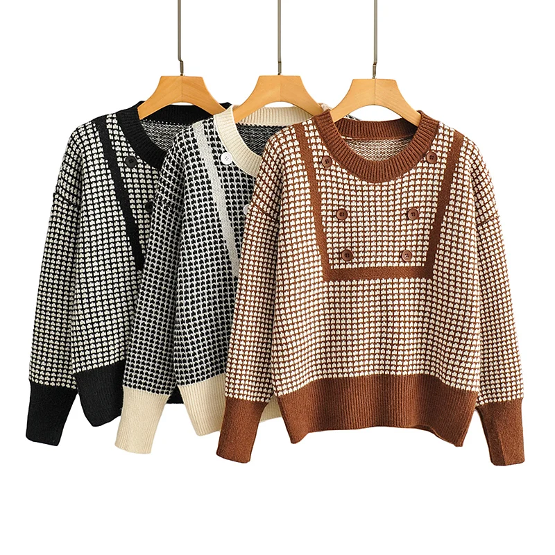

CINESSD New Women Vintage Contrast Color Houndstooth Print Casual Knitting Sweater Female Button Pullovers Chic Jumpers Tops