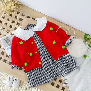 

Spring and autumn new baby girls' lace Plaid Lapel skirt and cardigan coat two-piece suit 0-4-year-old baby clothes