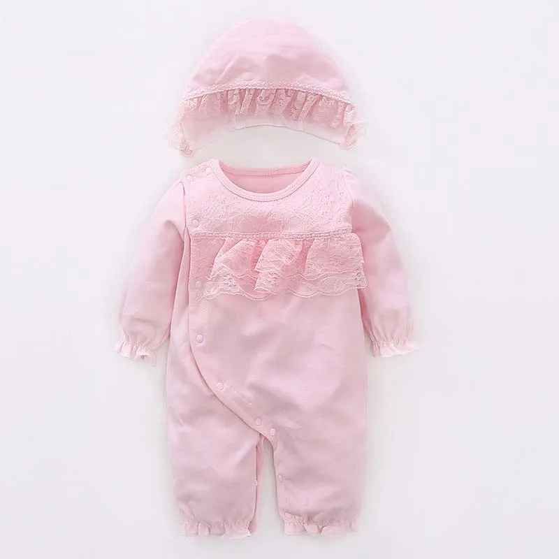 Одежда для новорожденных девочек хлопковые весенне-Осенние Комбинезоны принцессы кружевной комплект одежды для маленьких девочек, комбинезон+ цветочные шляпы - Color: 348 Pink