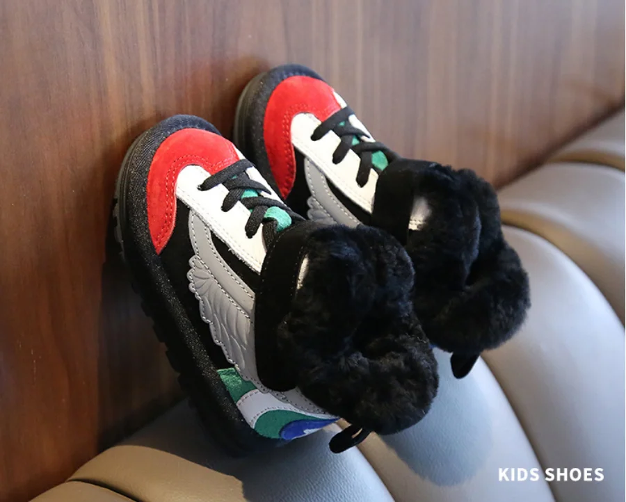 Зимние детские ботинки, детские теплые зимние ботинки, короткие ботинки с крыльями для маленьких девочек, детские ботинки с плюшевой подкладкой для мальчиков, Брендовые повседневные ботинки