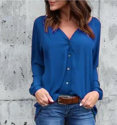 Модная Осенняя Свободная шифоновая блуза на пуговицах с длинным рукавом и v-образным вырезом, большие размеры, женские рубашки, однотонная блузка для офиса, женские топы - Цвет: blue-01