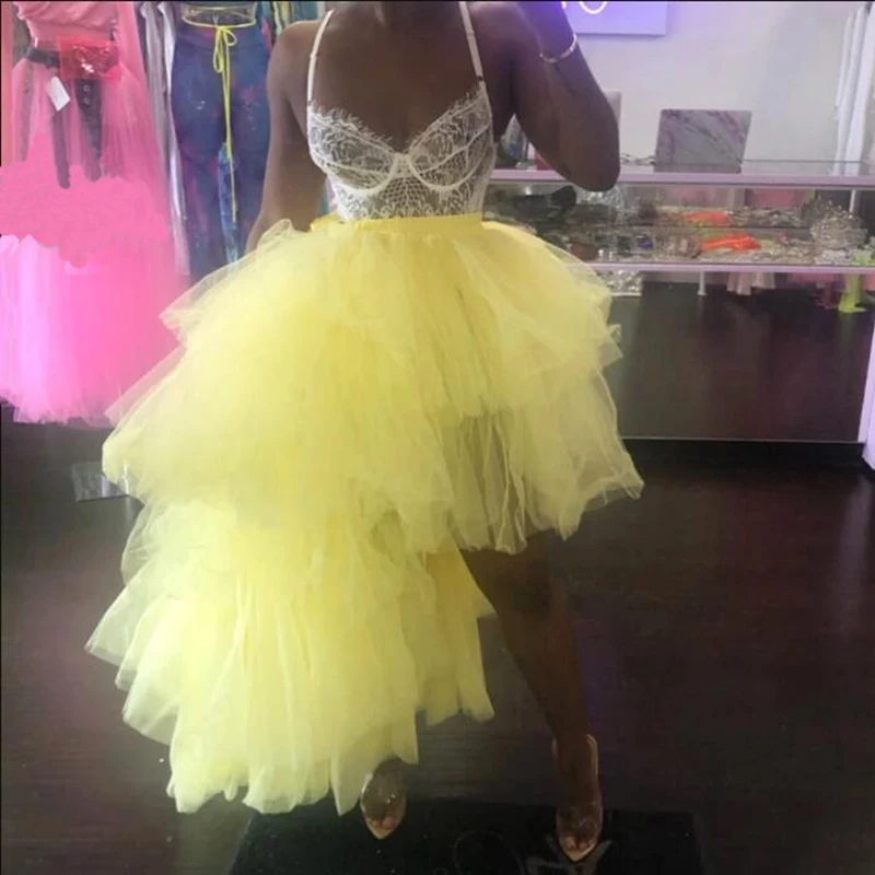 

Trendy Layered Tulle Long Skirts faldas 2020 Hot Sale High Low Prom Party Skirt Ruffle Extra Puffy Floor Length Tulle Skirts