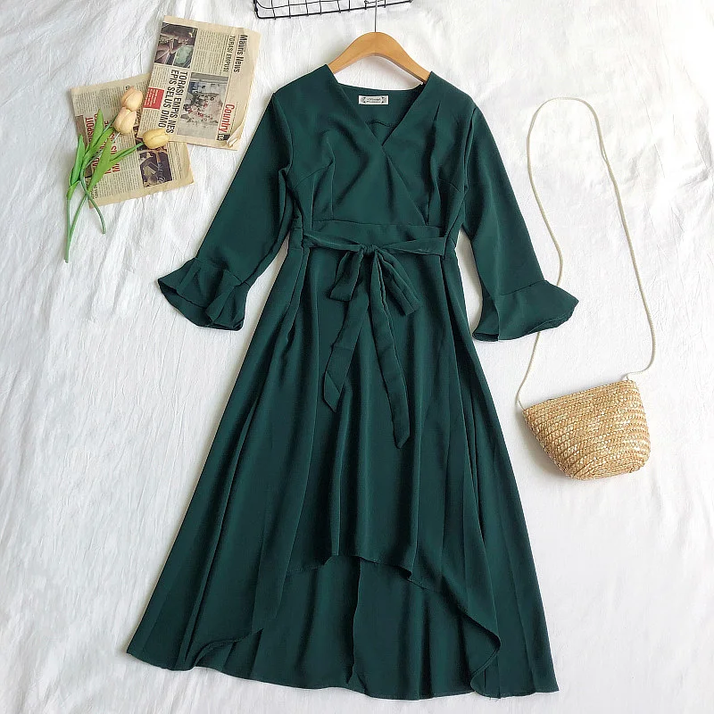 

Elegant Women Autumn Winter V-neck Flare Sleeve Bandage Strap Bow Dress Vintage Irregular Slim High Waist Pullover Midi Dress