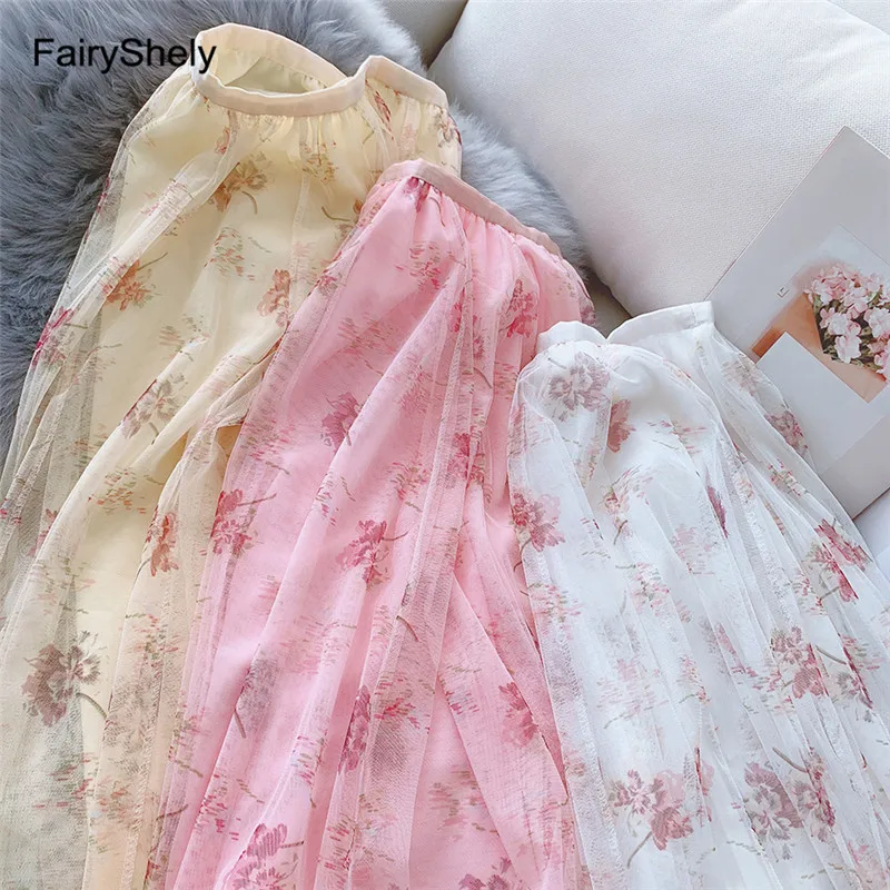Женская плиссированная юбка с высокой талией FairyShely розовая миди из тюля принтом