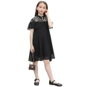 

Girls Elegant Black Chiffon Dress 10 12 years Party Dresses Pearl Sequined Decoration Teenage Girls Outfit