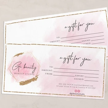 

Customied Watercolors Gift Certificate - Modern Gift Card- Gift Voucher - ADD YOUR LOGO Gold Glitter Gift Voucher, Pink