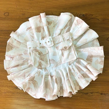 

2020 New Linen Printed Skirt High Quality Belt High Waist Slim Belt Pleated Ruffled Skirt Mini Skirt
