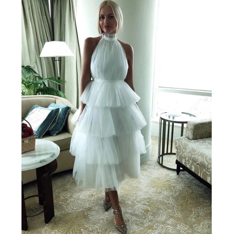 

Tiered Skirts Tulle Prom Dresses 2020 Halter Backless A-Line Tea Length Arabic Formal Party Evening Dress Gown Robe de soiree