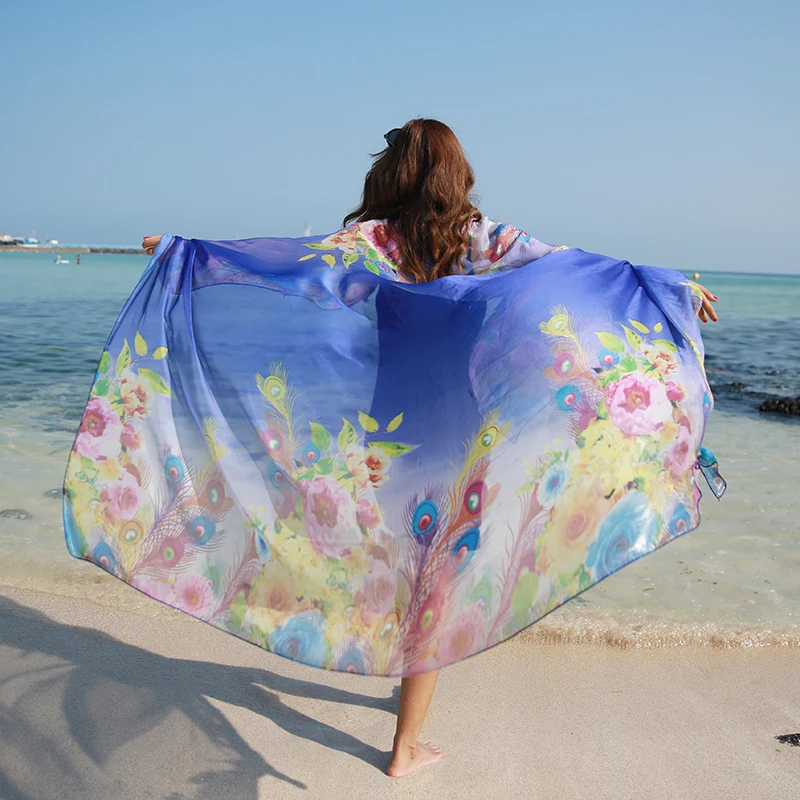 

190*125cm 2020 Summer Print Silk Scarf Oversized Chiffon Scarf Women Pareo Beach Cover Up Wrap Sarong Sunscreen Long Cape Female