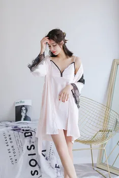 

Spring new sexy suspender Pajama women's nightgown with cushion ice silk long sleeve Pajama two piece suit household