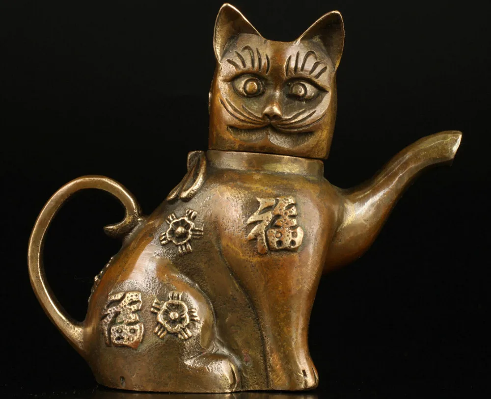 602+Asian Superb Collectible Old Handmade Casting Brass Cat Statues Teapot