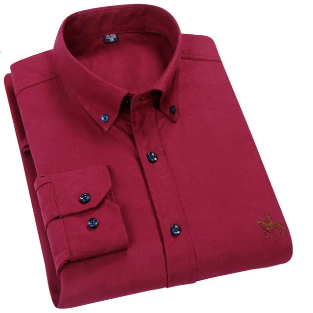 100% Cotton Oxford Plaid Solid Color Striped Shirt Tops Casual Long Sleeve Shirt Slim Fit Shirt Men Camisa Social Korean Clothes 9 wine red