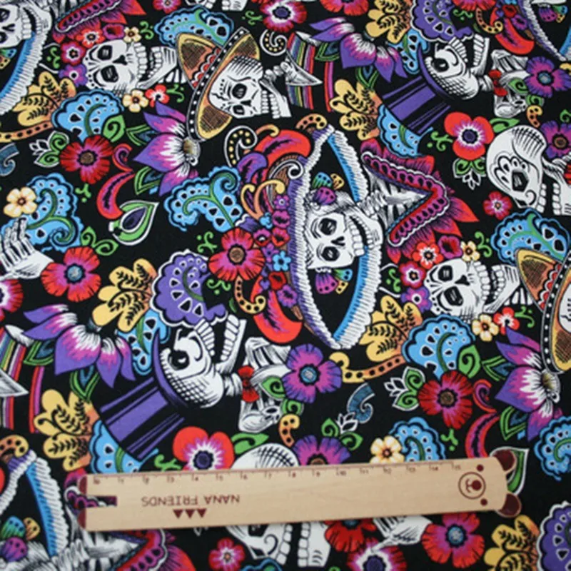 Наполовину ярд Чистый хлопок ткань с цветочным принтом черепа черный низ ручной работы DIY швейный материал T1021