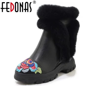 

FEDONAS Wedges Female New Snow Boots Vintage Embroider Genuine Leather Women Zipper Ankle Boots Platform Chunky Heels Boots