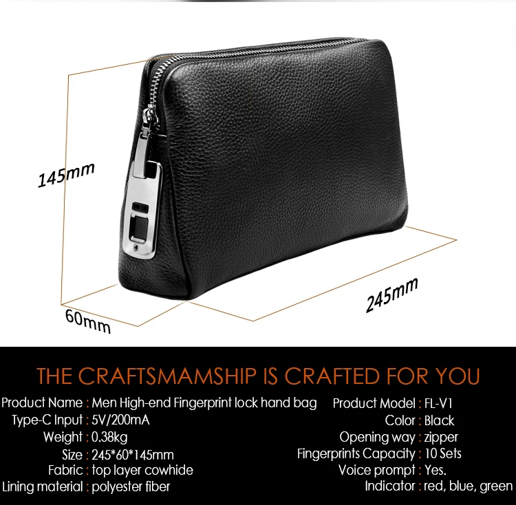 Smart Fingerprint Wallet, Men Zipper Leather Wallet Smart Fingerprint  Security Anti-Theft Handbag Black Mens Christmas Gifts