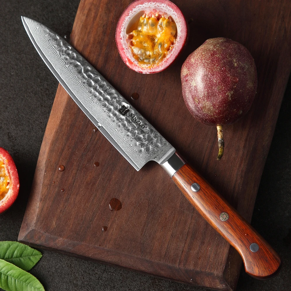 XINZUO 6'' Inch Utility Knife Damascus Steel Kitchen Knives Paring Stainless Steel Peeling Knife Sharp Cutlery Rosewood Handle