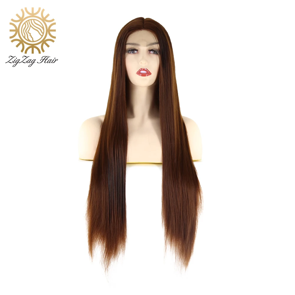 

ZigZag Dark Brown Synthetic Lace Front Wig for Women Long Straight Wigs Glueless Heat Resistant Fiber Hair for Everyday Wear