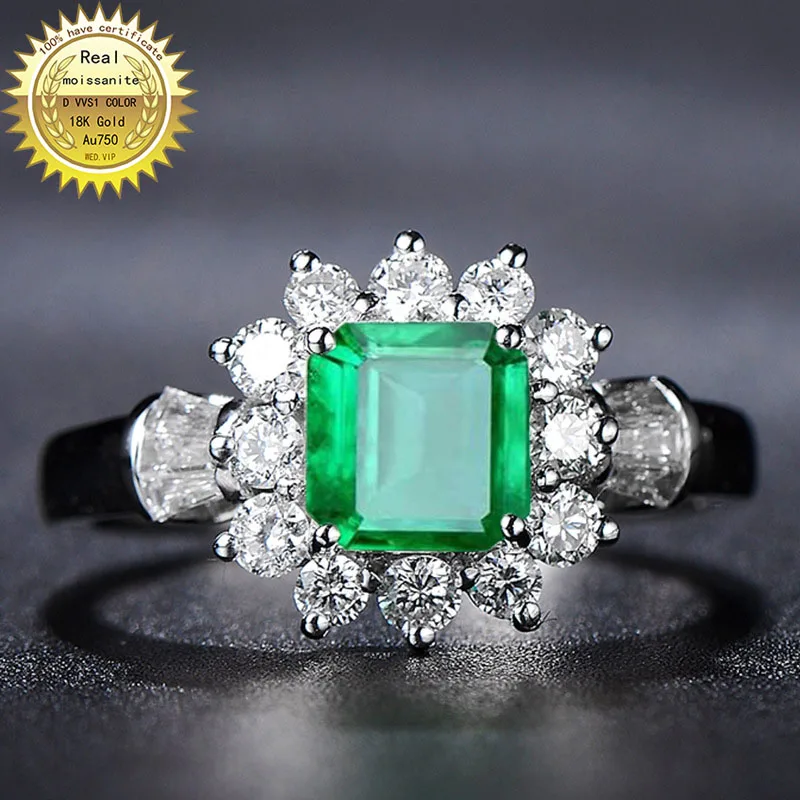 

9K Gold Lab Created 2ct Emerald and Moissanite Diamond Ring With national certificate Em-001