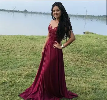 

2020 A-Line Red Wine Prom Dress Lace Appliques Chiffon Pleat Scoop Sleeveless Women Party Dress Sweep Train vestidos de gala