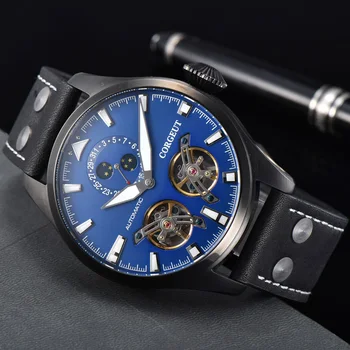 

Corgeut 47mm Watch Men Top Luxury Brand self-wind Automatic Mechanical Watch Double flywheel Date Sport Luminous Male Wristwatch