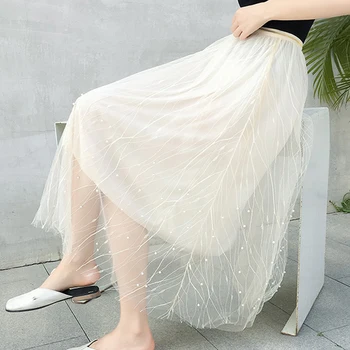 

Zoki Summer Women Tulle Long Skirt Fashion Korean Pearl Spring Mesh High Waist Ladies Party Skirt Elegant A Line Girls Faldas