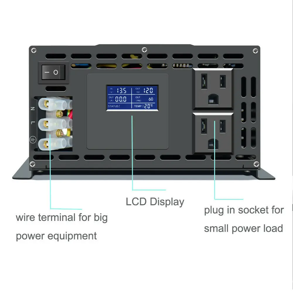 Description Picture 4 of item2000W Pure Sine Wave Inverter 12V/24V/48V DC to 120V/220V/240V AC Solar Panel Power Supply Inverter Battery Voltage Converter
