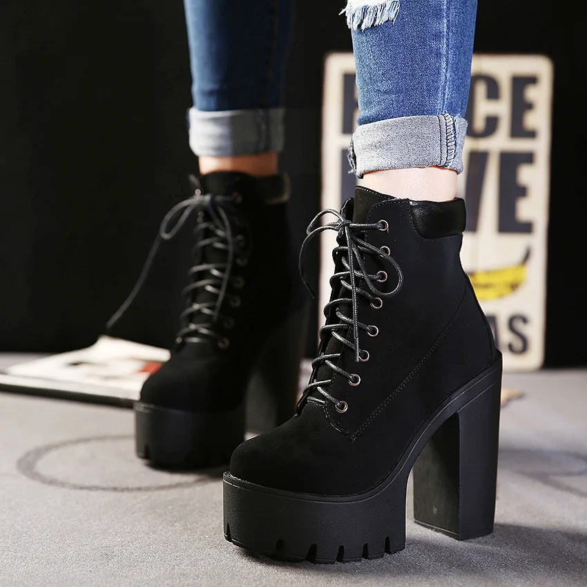 Melodioso lengua Ondular Botas de plataforma con cordones para mujer, Botines de tacón grueso, color  negro, talla grande, primavera y otoño, 2019 - AliExpress