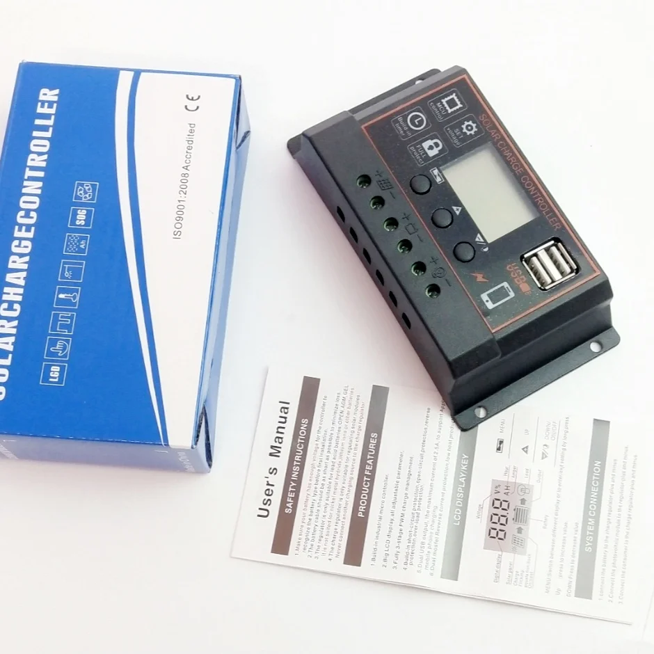 LCD 디스플레이 PWM 태양광 컨트롤러, 태양광 배터리 충전용 5V USB 출력, 10A, 20a, 30a, 신제품