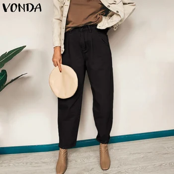 

VONDA Fashion Women Pants 2020 Casual Loose Solid Color High Waist Zipper Cropped Pants Retro Ladies Straight Trousers Plus Size