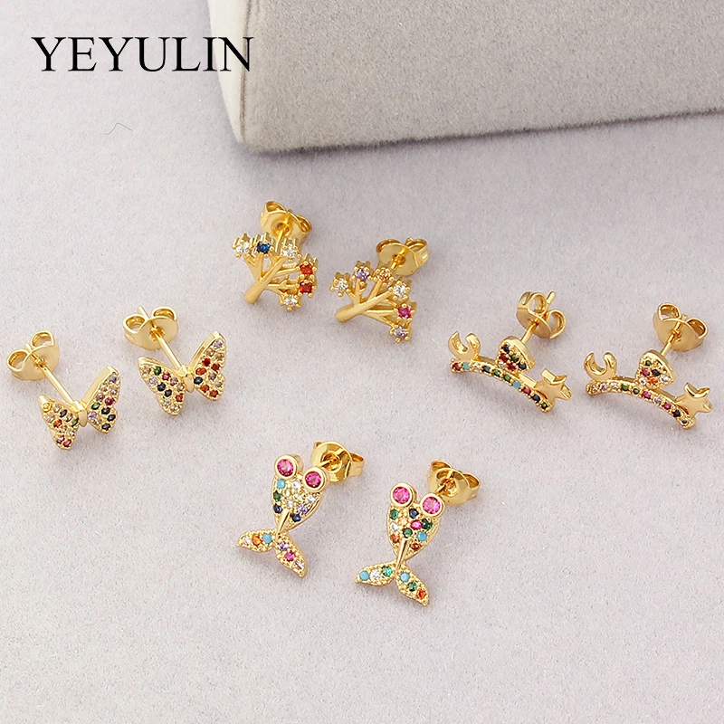 

Small Stud Earrings Women Eyes Butterfly Geometric Curve Bear Tree CZ Rainbow Jewelry Gold Color Kid Hoops