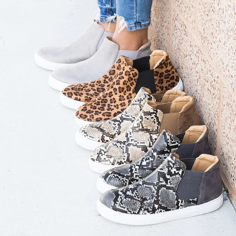 

MoneRffi Flats 2019 Women Leaopard Women Sneakers Flats Women Canvas Casual Shoes Platform Spring High Top Slip-on Breathable